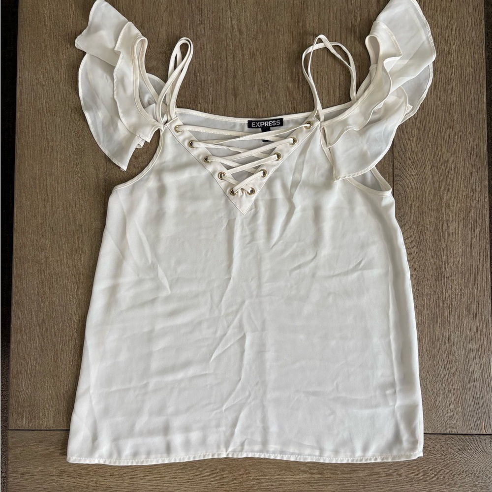 NWOT Express Women's Cream Lace-Up Off the Shoulder Blouse Sz XS